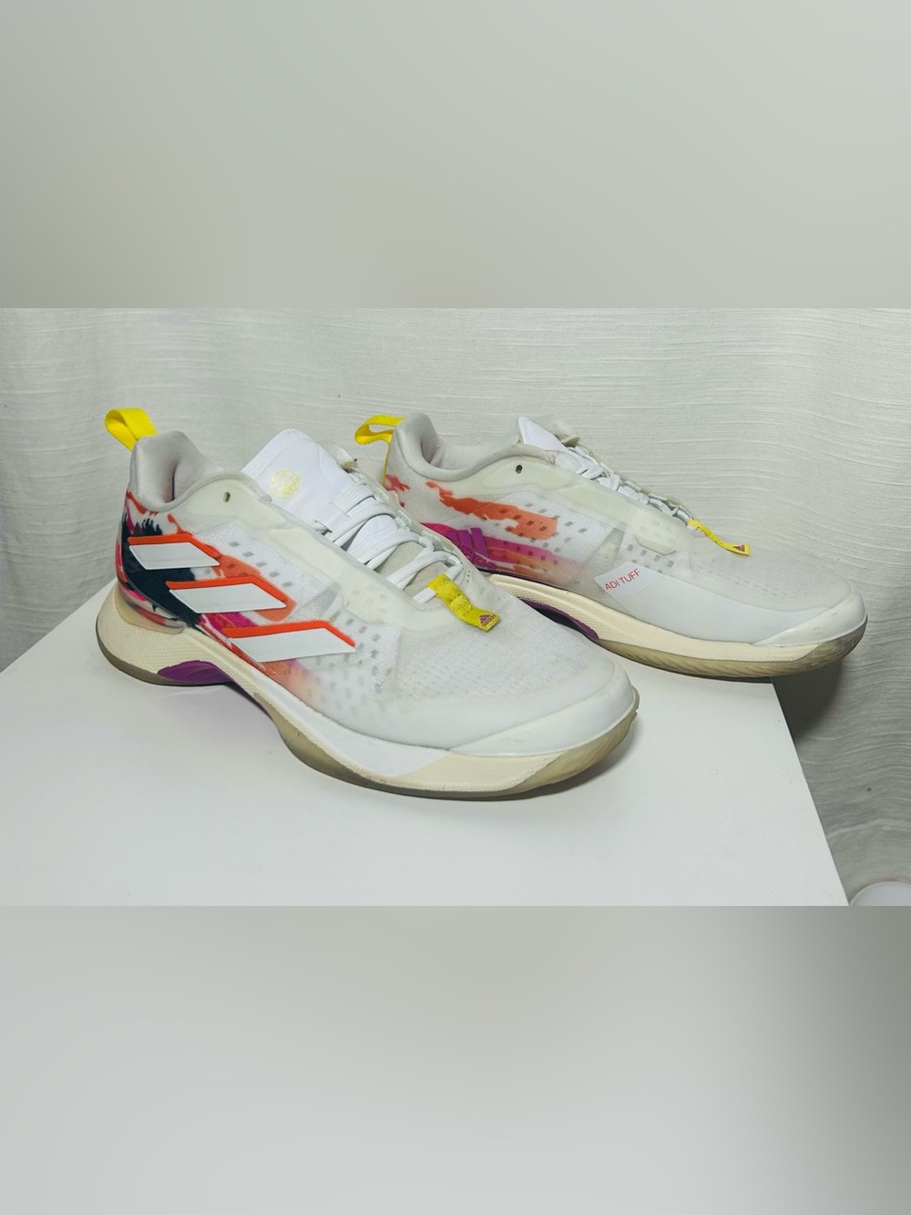 adidas White Avacourt Sneakers with Orange, Pink, Yellow and Purple Accents